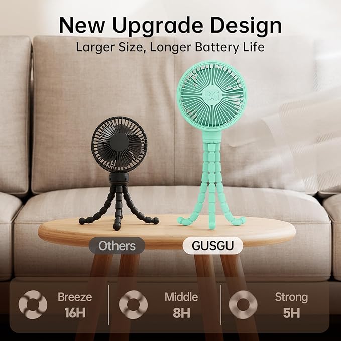 GUSGU Stroller Fan Clip on for Baby, Flexible Tripod & Rechargeable Battery, Small Personal Fan, Mini Portable Fan for Travel, Handheld, Car (Green)