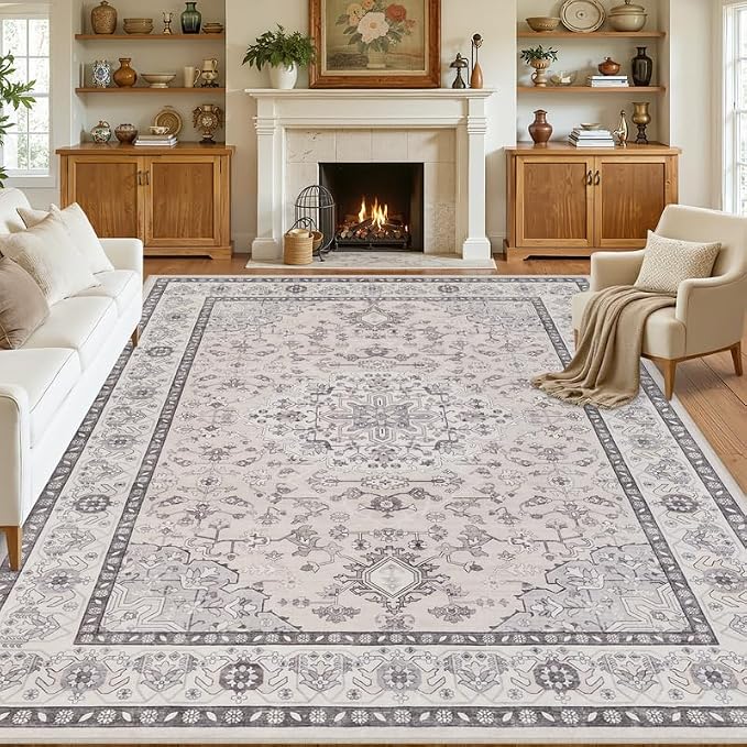 8x10 Area Rugs for Living Room: Vintage Boho Neutral Washable Rug Indoor Soft Large Area Rug Carpet for Bedroom Nursery Farmhouse Dining Room Office Floor Non-Slip Low Pile Under Table Beige & Grey