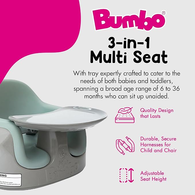 Bumbo 3-in-1 Multi Seat Baby & Toddler Convertible Non-Slip Chair, Breige/Agave - Portable Floor Seat, Booster & High Chair w/Activity Tray and Safety Harness for Infants 6-36 Months