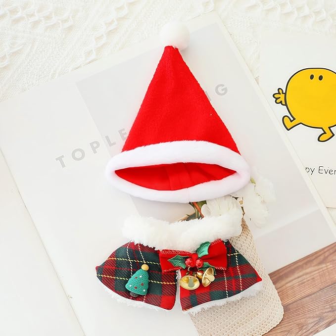 Christmas Hat Clothes for Dolls Accessories, Stylish Kawaii Festive Christmas Bell Cloak Outfit Set 2 Pieces Suitable for 15cm 17cm Doll , Xmas Doll Clothing Set Replacement Red