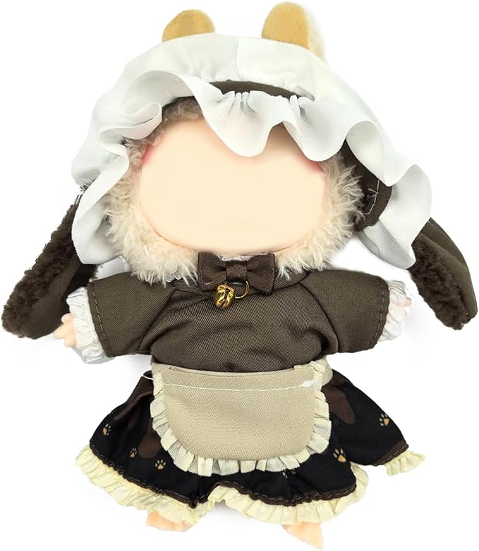 Clothes for Doll, 15/17cm Doll Clothes Set Suitable for Dolls Accessories - Hairband + Brown Top + Bib + Pleated Skirt + Bell Strap(NO Doll),Maid Costume2
