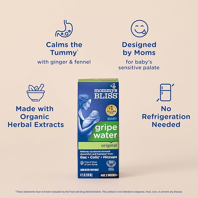 Mommy's Bliss Gripe Water Original, Infant Gas & Colic Relief, Gripe Water for Babies, Gentle & Safe, 2 Weeks+, 4 Fl Oz (Pack of 1)
