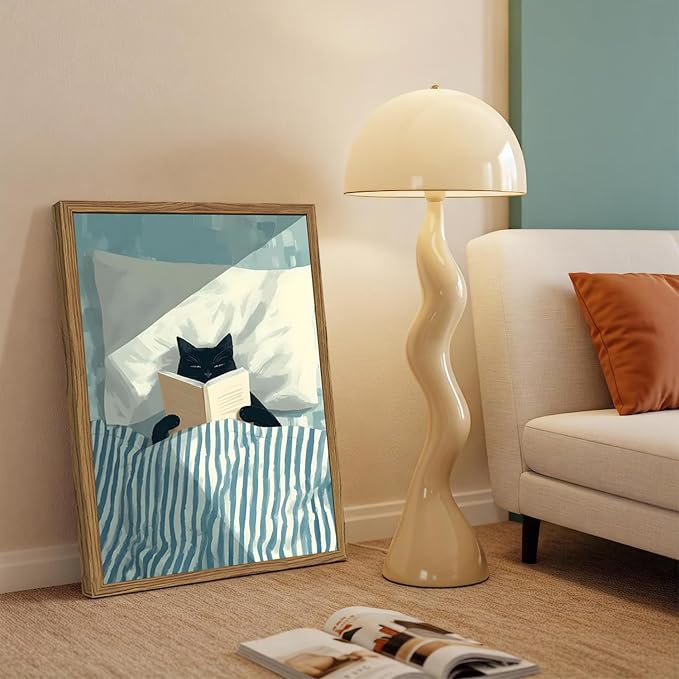Framed Funny Black Cat Wall Art, Whimsical Cat in Stripe Bed Reading Wall Decor Painting Cute Animal Book Lover Poster Canvas Print for Bedroom Living Room 16x24 inch Wood Framed