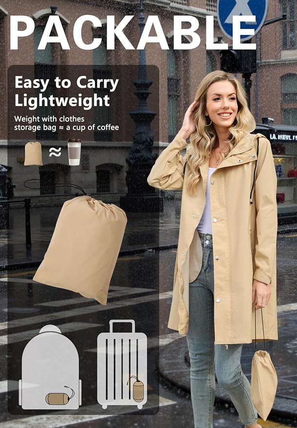 Zando Long Packable Rain Jacket Women Waterproof Raincoat with Hood | Relaxed-Fit Lightweight Windbreaker for Women; Travel Rain Coats for Commute, Hiking, Cruise, and Daily wear