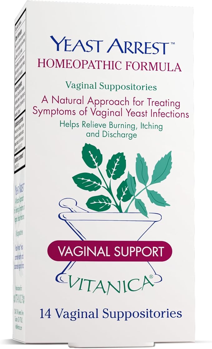Vitanica Yeast Arrest, Homeopathic Vaginal Suppositories,Yeast Infection Symptoms, Relieves Burning, Itching & Discharge, with Boric Acid, Tea Tree Oil & Probiotics, Vegan (Yeast Arrest Pro Logo, 14)