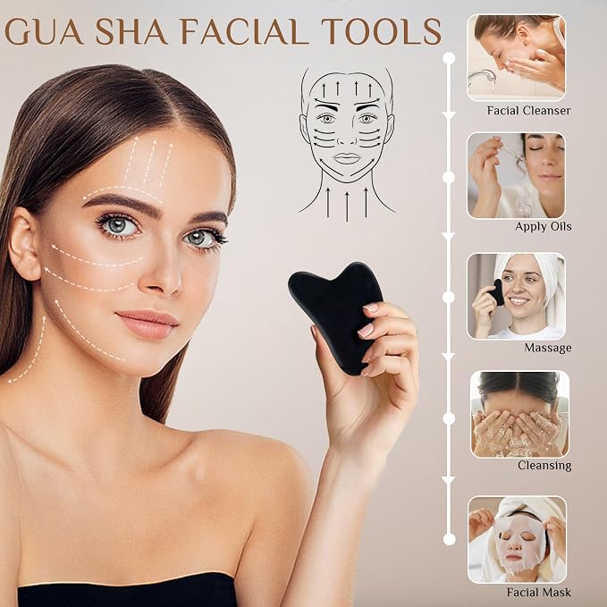 7 Pieces Hot Stones Massage Set - 6 Large Oval Massage Stones for Body Massage and 1 Heart-Shaped Basalt Stone Gua Sha Tool for Face Hot Rocks for Home Spa, Relaxing, Pain Relief