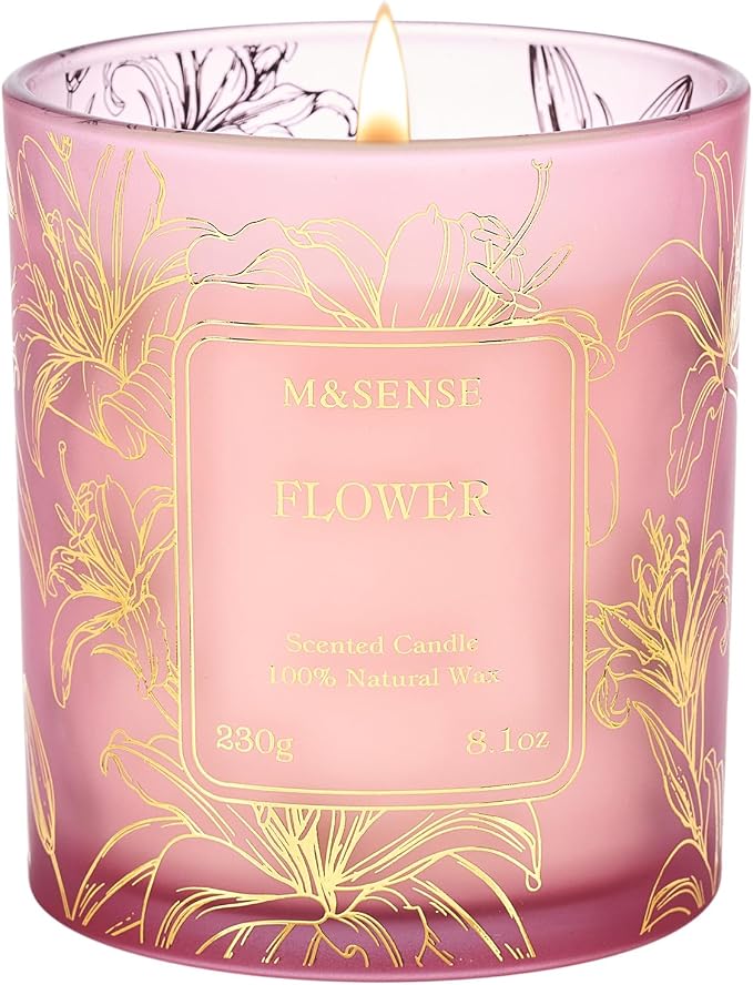 M&SENSE Floral Soy Candle, 8.1oz Gilded Glass, Romantic Stress Relief | 42H Long Burn, Soy Wax, Mixed Bloom Bouquet, Non-Toxic, Sensitive-Safe, Reusable Jar