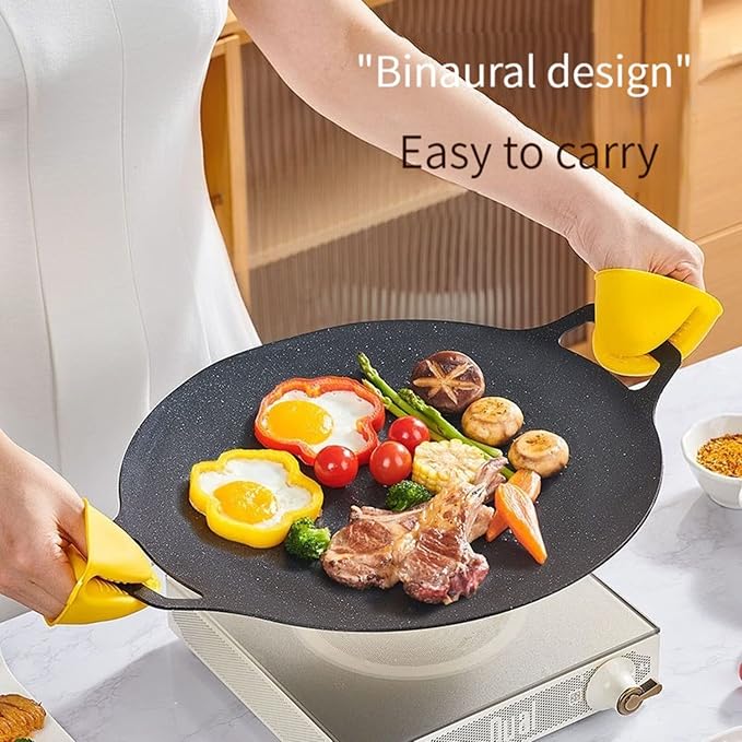 Multi-Function Medical Stone Grill Pan Non-Stick Pan,Non-Stick Coating Frying Pan,Round BBQ Griddle with Handle,Multifunctional Stove Plate for Meats,Pancakes,Ribs (15in)