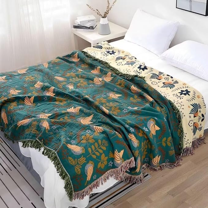 Boho Throw Blanket for Bed 100% Cotton Bohemian Blankets Ultra Soft Woven Muslin Decorative Blankets All Seasons Vintage Quilt Knitted Blanket for Sofa Chair(Blue, 90"x98")