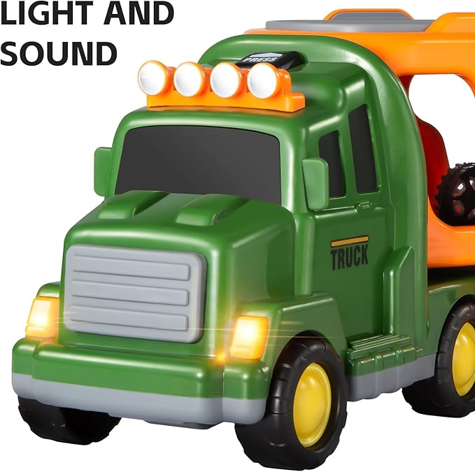 TEMI Dinosaurs Truck Toys for Boys Kids 3-5 Years, Transport Car with 3 Dinosaur Figures and 3 Monster Cars, Friction Powered Toy Vehicle in Carrier with Light and Sound, Toddler Play Gifts Set