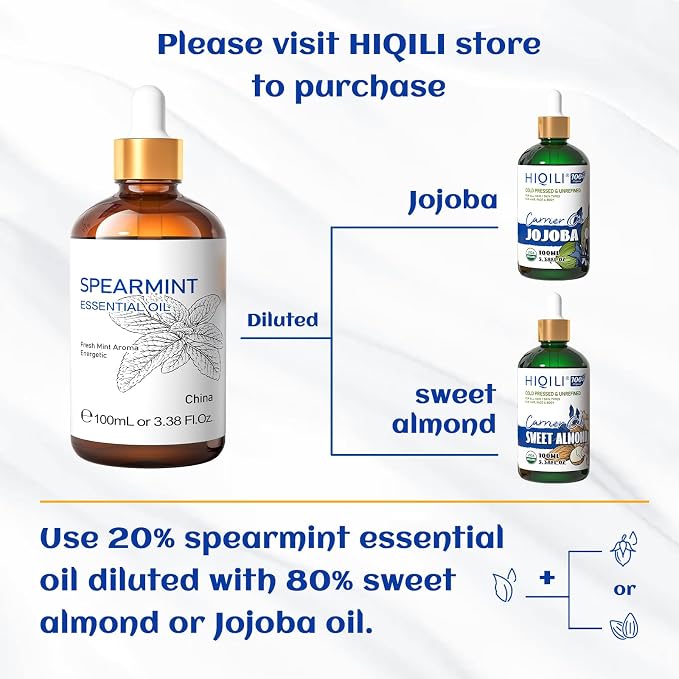 HIQILI Spearmint Essential Oil for Facial Hair, Skin Care | Includes 10ml Travel Bottl, Can be Added to Lotions, CreamsTreatment Grade - 100ml / 3.38 fl oz