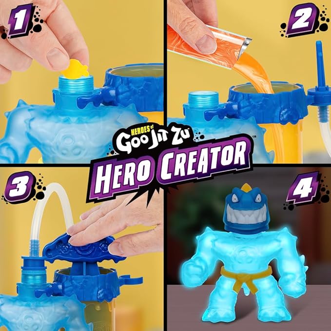 Heroes of Goo Jit Zu Hero Creator with 3 Unique Goo Fillings, Mix, Fill & Create Your Own Stretchy Glow-in-The-Dark Tyro Action Figure, Play Again and Again