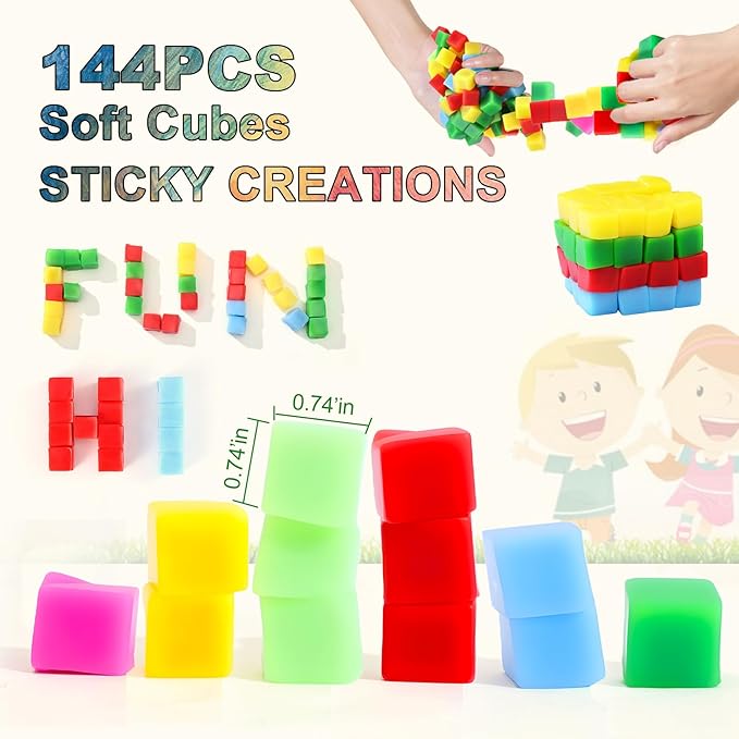 144PCS Sticky Stacking Cubes for Kids - Mini Squishy Cubes Sensory Toys for Toddler, Non Toxic Preschool Jelly Blocks for Building, Stretch, Squishy, Travel Essentials Toys for 3 4 5 6 Years Old