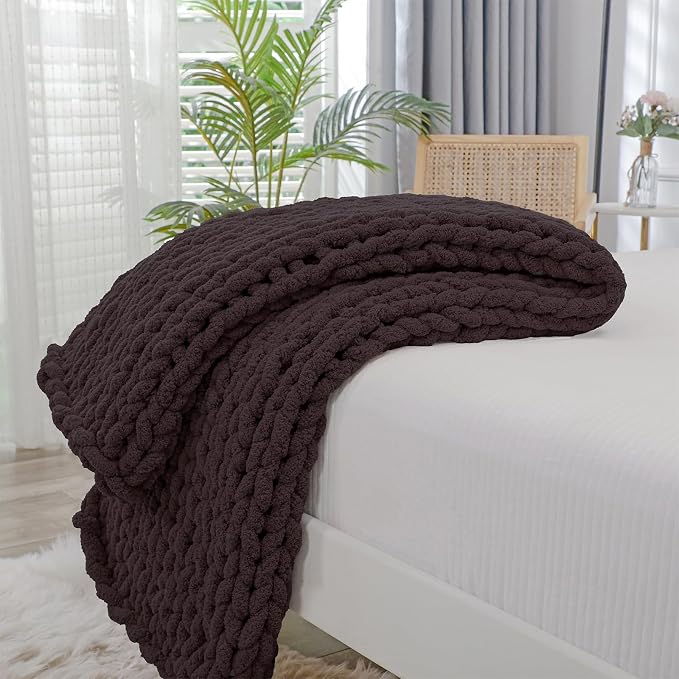 Bigacogo Chunky Knit Throw Blanket for Couch, 51x63 inches, Chocolate | Hand Knit with Jumbo Chenille, Soft Breathable Cable Knit for Sofa Bed Living Room, Machine Washable, Gift for Mom Friend