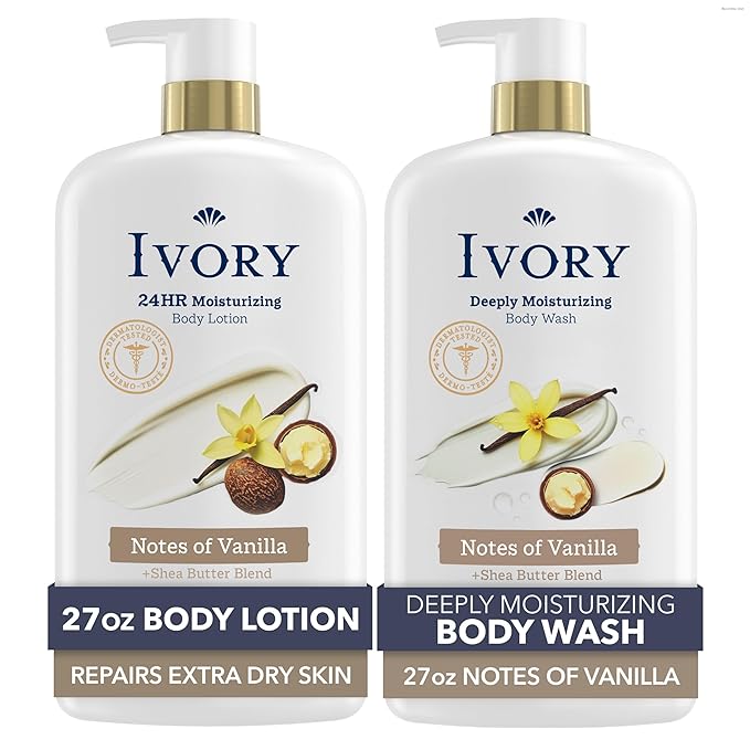 Ivory Hand & Body Lotion + Body Wash Bundle, Vanilla Scent, 24hr Moisturizing & Nourishing Hydration, Repairs and Soothes Extra Dry & Itchy Skin, Made with Shea Butter Blend, 27 fl oz (Pack of 2)