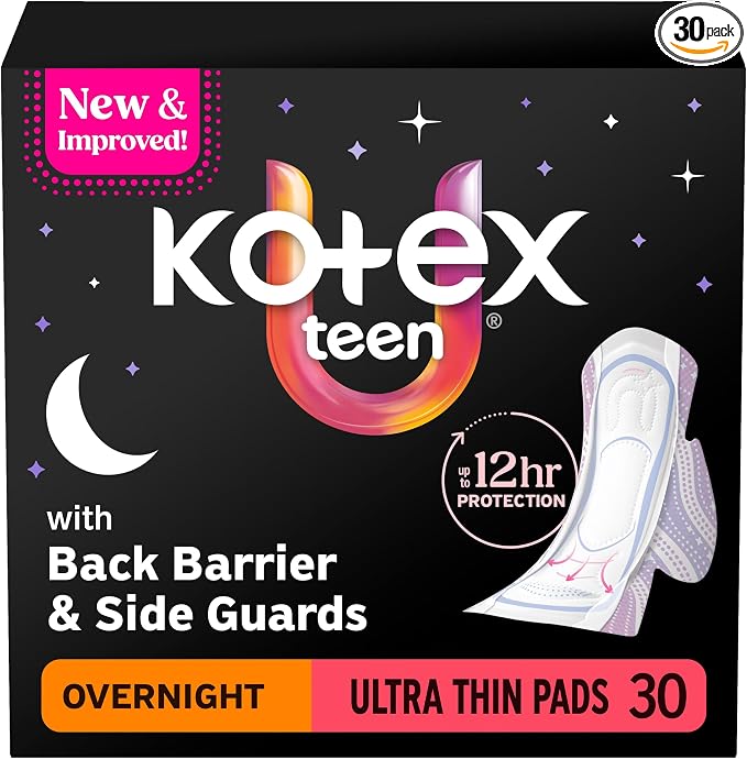 Kotex Ultra Thin Teen Overnight Pads with Wings, Heavy Absorbency, 30 Count (Packaging May Vary)