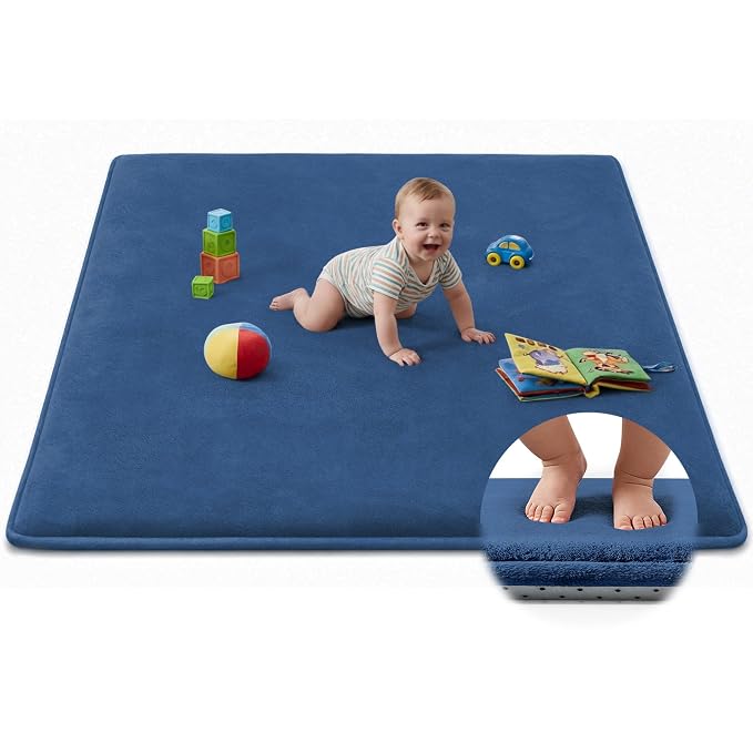 Baby Play Mat for Floor,Ultra Thick Elastic Foam 50"x50" Playmat Tummy Time Muscle Crawling Exercise Activity Cushion Gym Mat Nursery Playroom Area Kids Rug for Babies, Toddlers,Infants,Navy Blue