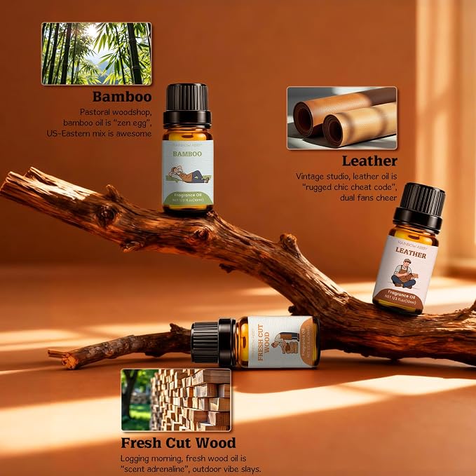 RAINBOW ABBY Woody Fragrance Oils Set, 6x10ml Wood Essential Oil Set for Candle Making, Diffuser - Forest Pine, Fresh Cut Wood, Leather, Teakwood, Bamboo, Cedarwood Aromatherapy Oils