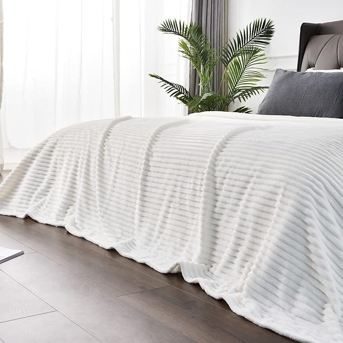 BEDELITE Ribbed Jacquard Off White King Size Blankets for Bed, 108x90 Inch | Soft Warm Decorative Fluffy Blanket, Cozy Fuzzy Lightweight Plush Fleece Throw Blankets for Bed, Room Decor, Gift for Women