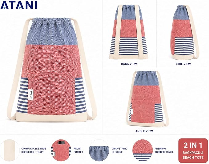 ATANI Turkish Beach Towel (71x39 Inches), Converts to a Bag, Oversized 100% Cotton Bath Towels Lightweight Quick-Dry Beach Blanket for Travel, Picnic, Camping, Yoga and Pool (Red x Navy Blue)