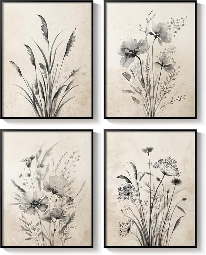 Framed Vintage Floral Botanical Wall Art for Living Room, 4 Piece 12x16 In | Neutral rustic artwork, Modern farmhouse wall decor, Canvas prints, Flower pictures, Kitchen bedroom hallway home decor