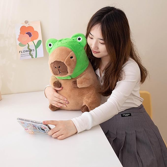 Ditucu Cute Capybara Plush Pillow with Wearable Frog Hat Stuffed Animal Capibara Plushies Toys Gifts for Kids Brown 13.7 inch