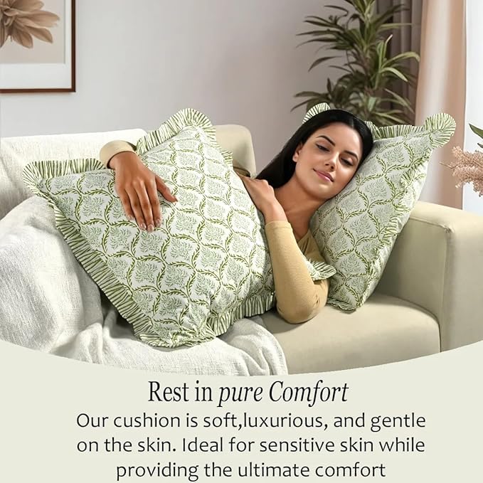 CPC Fern Regal Hand Block Print 100% Cotton Ruffle Throw Pillow Cover 24x24 inch with Hidden Zipper Decorative for Couch, Bed, Sofa, Farmhouse, Cottagecore Decor Gift Christmas Fall Thanksgiving