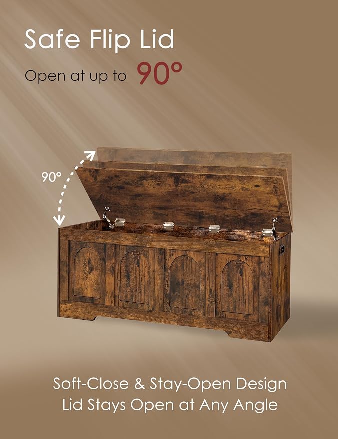 Storage Chest, Wooden Toy Box, Rustic Brown 47.2" L | Entryway Shoe Bench, 2 Soft-close Hinges, Finger-safe Flip-Top Lid, Easy Assembly, Farmhouse Large Trunk, Living Room/Bedroom