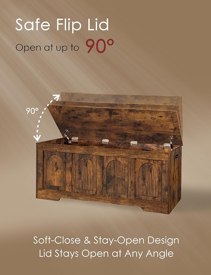 Storage Chest, Wooden Toy Box, Rustic Brown 50.0" L | Extra Large Storage Bench, 2 Soft-close Hinges, Finger-safe Flip-Top Lid, Easy Assembly, Farmhouse Trunk, Living Room/Bedroom