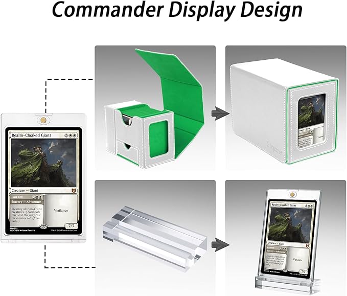MTG Deck Box for Commander Display with Dice Tower, Fits 100 Double Sleeved Cards for TCG/PTCG, Cards Storage Case with Dice Tray and 35PT Magnetic Card Holder (White/Green)