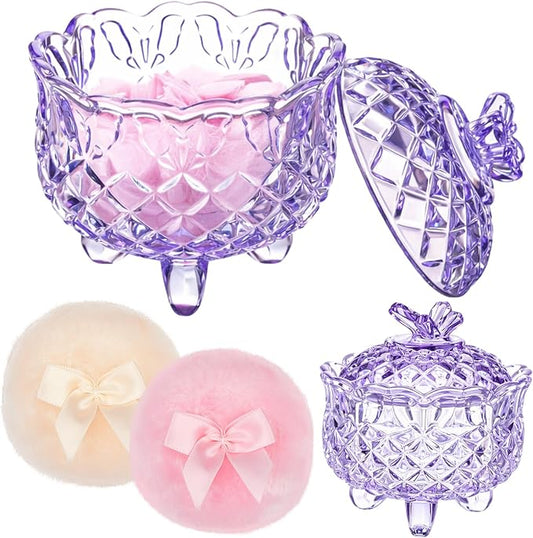 Tioncy 3 Pcs Large Body Powder Puff and Container Valentine's Day gift Powder Container with Puff Crystal Case Soft Washable Reusable Velour Face Body Glitter Wet Dry Makeup(Butterfly,Purple)