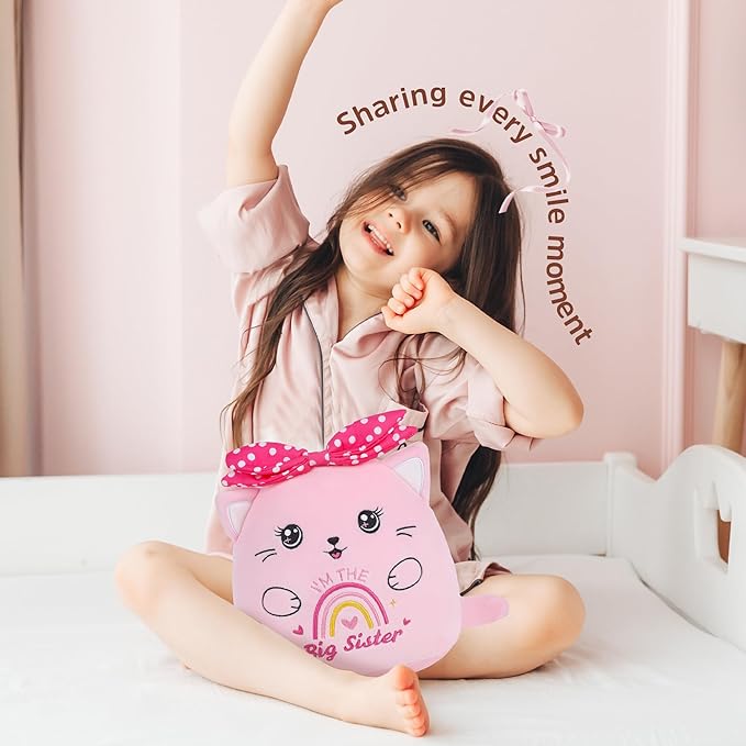 Big Sister Stuffed Animals: 9-Inch Cute I'm The Big Sister Cat Plush Toy, Pink Bow Rainbow Heart Cat Plushie Pillow, Gifts for Kids Girls Party Decor New Sibling Announcement