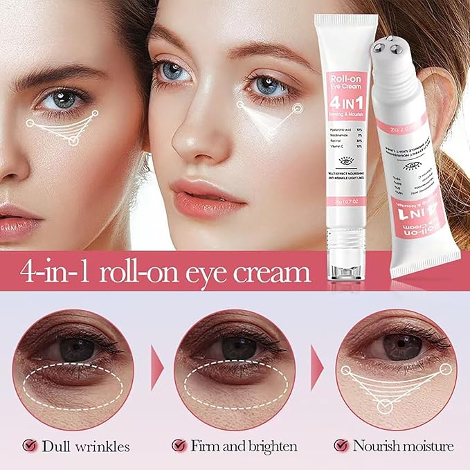 Retinol Eye Cream with 10% Hyaluronic Acid, 30% Retinol, 5% Nicotinamide, 10% Vitamin C for Puffy Dark Circles Wrinkles Eye Bags Fine Lines, Under Eye Cream with 360° Eye Roller Massage Ball