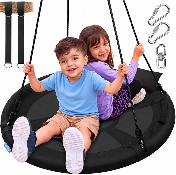 SereneLife 40" Saucer Swing - Outdoor Swing Set with Universal Hanging Kit, Swinging Seat Spinner with Pillow & Carry Bag, Weatherproof, Water-Resistant, Supports Up to 700 lbs, Black