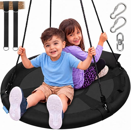 SereneLife 40" Saucer Swing - Outdoor Swing Set with Universal Hanging Kit, Swinging Seat Spinner with Pillow & Carry Bag, Weatherproof, Water-Resistant, Supports Up to 700 lbs, Black
