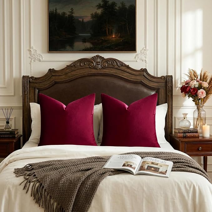 GIGIZAZA Burgundy Velvet Pillow Covers 26x26 Decorative Pillows Pack of 2 | Red Throw Pillows for Couch,Euro Sham,280gsm Soft Textured Fabric,Modern Pillowcases,Luxury Cushion Covers