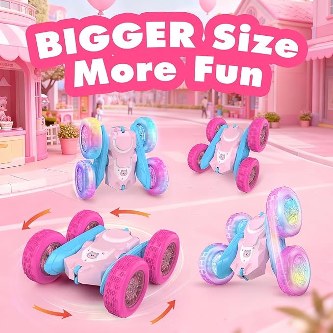 NQD Pink Remote Control Car for Girls, 360° Spin Flip RC Stunt Car with Flashing Wheel Lights 2 Batteries, Double Sided 4WD Off-Road RC Toy Gift for Girls Xmas Birthday