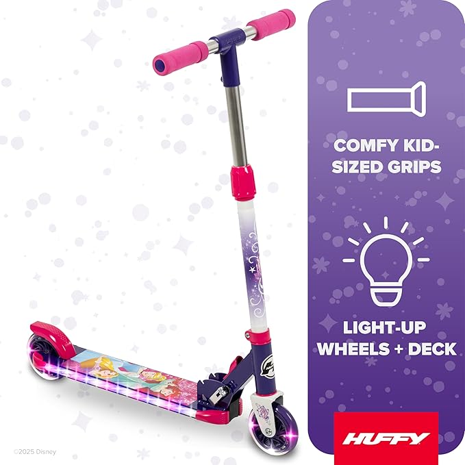 Huffy Disney and Marvel Light Up Kids' Inline Scooters, Multiple Color Options, LED Lights, Ages 5+ Years Old, Adjustable Handlebar, Durable Steel Frame, Foldable, Girls/Boys, 2-Wheels