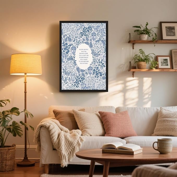 Slow Down You're Doing Fine Music Poster Motivational Song Lyric Blue Wall Art Vintage Positive Quote Daily Reminder Floral Canvas Print for Office Bedroom Home Decor 8x12inch Black Framed