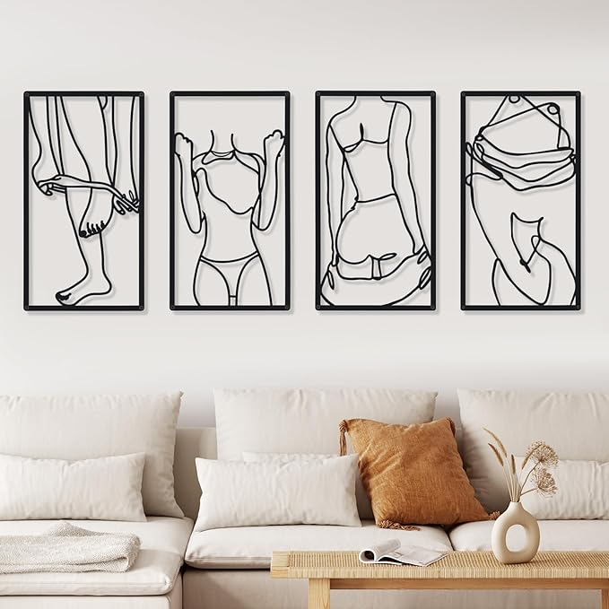 Cindeer 4 Pcs Metal Wall Art Decor Minimalist Abstract Woman Wall Art Line Drawing metal line art Home Hanging Art Decor for Bedroom Kitchen Bathroom Living Room(Classic,Black)
