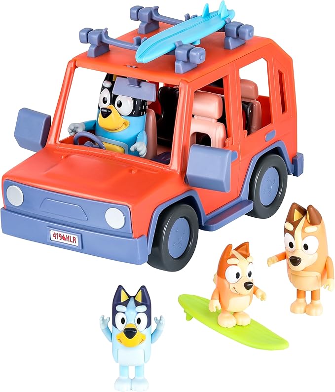 Bluey Heeler 4WD Family Toddler Toy Car with 4 Figures, Surfboards and Sticker Sheet, Pretend Play, Toys for Kids Ages 3+, Amazon Exclusive