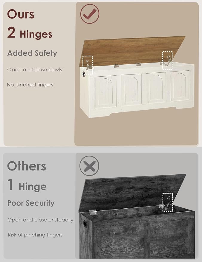 Storage Chest, Wooden Toy Box, Honey Brown & Rustic White 47.2" L | Farmhouse Storage Bench, 2 Soft-close Hinges, Finger-safe Flip-Top Lid, Easy Assembly, Extra Large Trunk, Living Room/Bedroom