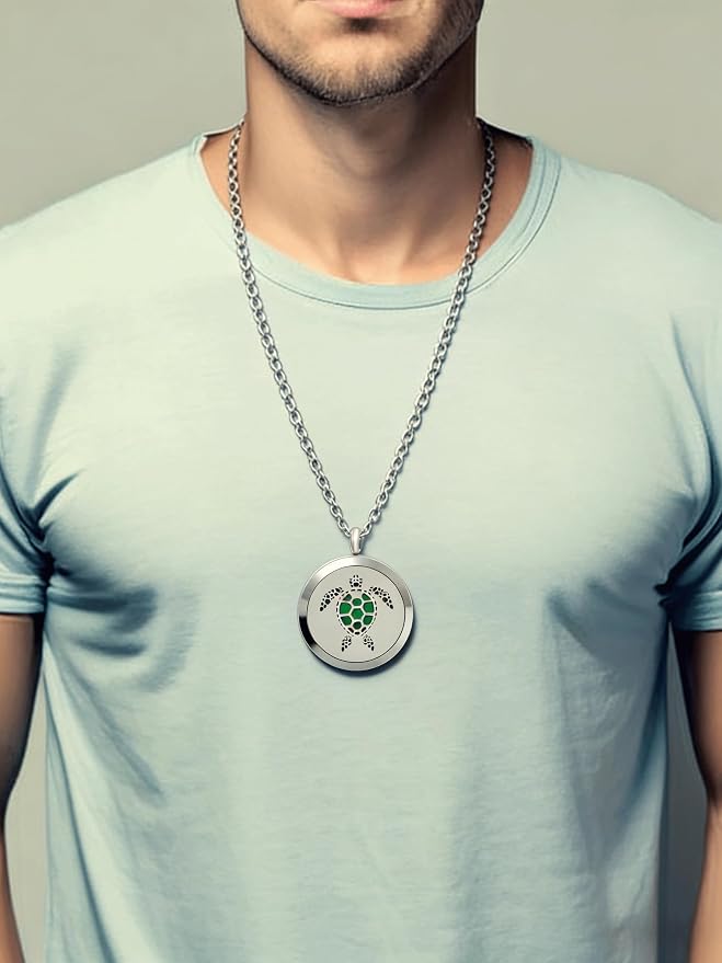 Essential Oil Diffuser Necklace, Aromatherapy Stainless Steel Turtle Chain Pendant Locket Jewelry for Men Women