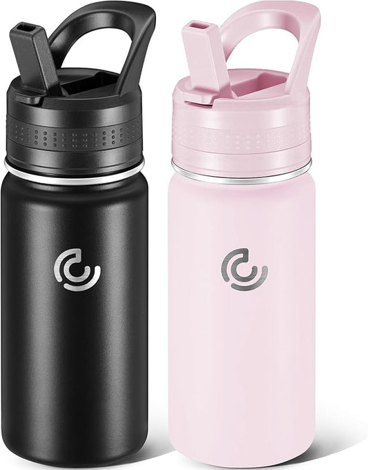 2 Pack Kids Water Bottle,14oz Stainless Steel Insulated Water Tumbler Leak-Proof,School Water Mug,Small and Portable,Suitable for Boys and Girls to Use(Black + Pink)