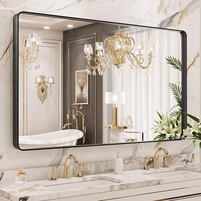 LOAAO 50X30 Inch Black Bathroom Mirror Metal Framed | Matte Black, Rounded Rectangle, Anti-Rust, Tempered Glass, Hangs Horizontally or Vertically
