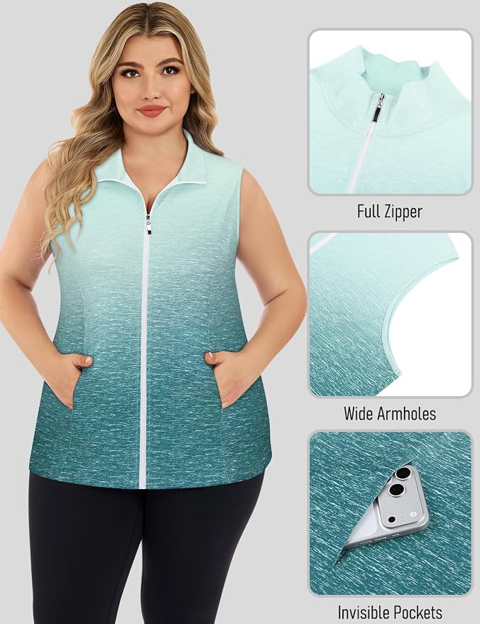 Misyula Style Plus Size Womens Golf Shirt Full-Zip with Pockets Tank Tops | Sleeveless, Quick Dry, Moisture-wicking, Lightweight Vests, Athletic, Tennis, Running, Workout, Casual, Travel, Work