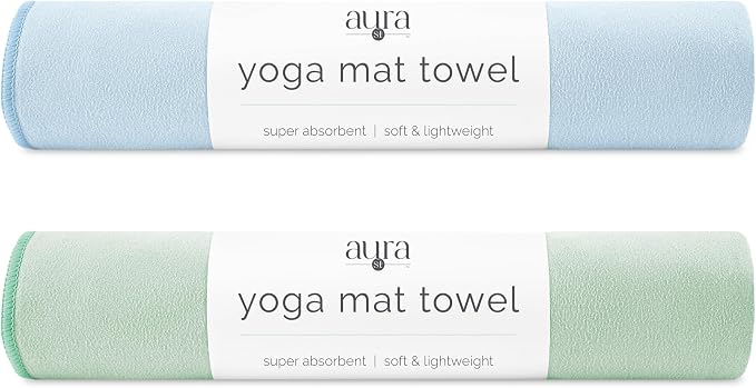 S&T INC. Aura Yoga Mat Towel, Quick Dry Towel, Soft and Absorbent for Gym, Pilates, and Hot Yoga Mat, 2 Pack, 26.5 inches x 72 inches, Microfiber, Blue & Sage Green