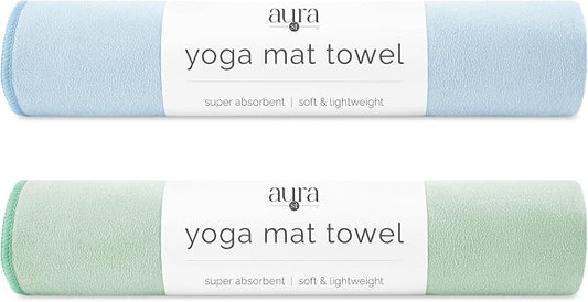 S&T INC. Aura Yoga Mat Towel, Quick Dry Towel, Soft and Absorbent for Gym, Pilates, and Hot Yoga Mat, 2 Pack, 26.5 inches x 72 inches, Microfiber, Blue & Sage Green