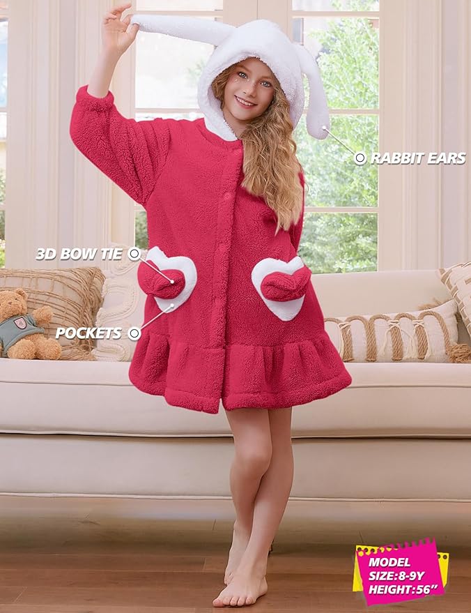 Girls Bathrobes Coral Fleece Button Down Hooded Robes Cute Rabbit Ears Bath Robe Fuzzy Warm Soft Sleepwear