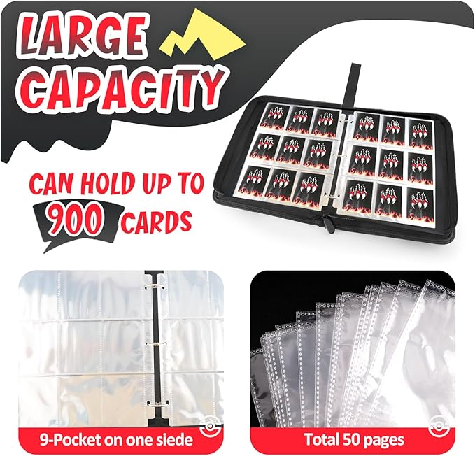 Card Binder 9-Pockets, 900 Pockets Card Holder with 50 Removable Sleeves, Trading Card Collector Zipper Album Holder, Black Red